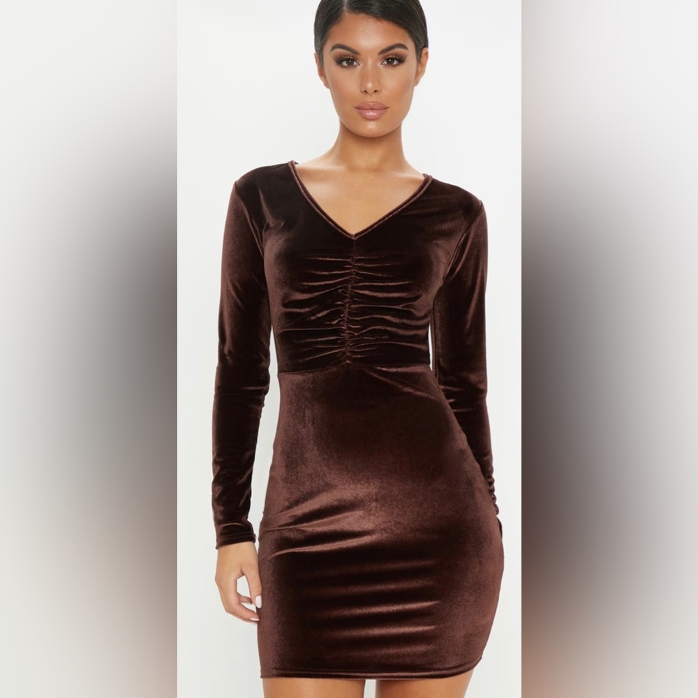 Chocolate Brown Velvet Ruched Front Mini Dress
